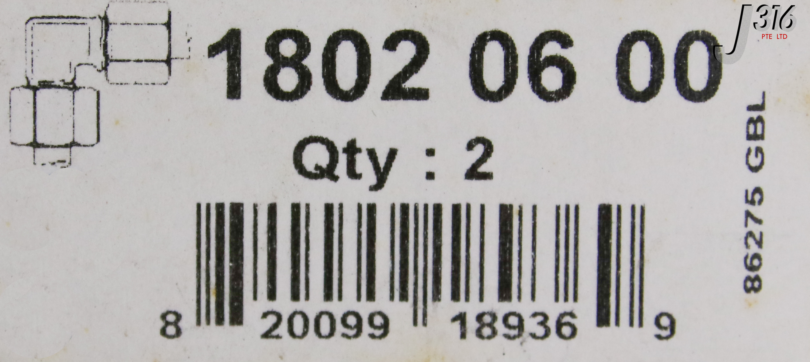 17821 LEGRIS S/STEEL EQUAL ELBOW, 6X6MM OD (NEW IN OPEN BOX) 1802
